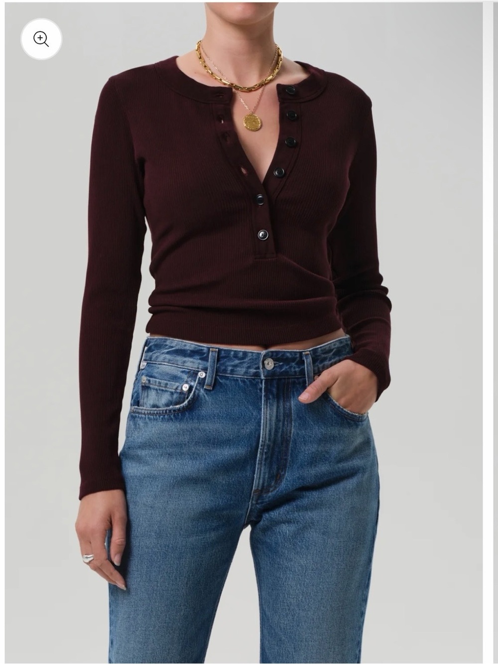 Citizens of Humanity Long-Sleeve Ribbed Henley Top in Deep Burgundy